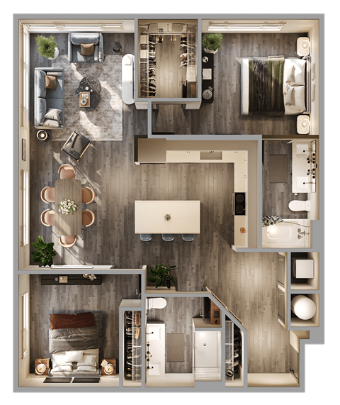 Floor plan for 2 beds, 2 baths, 1235 sqft